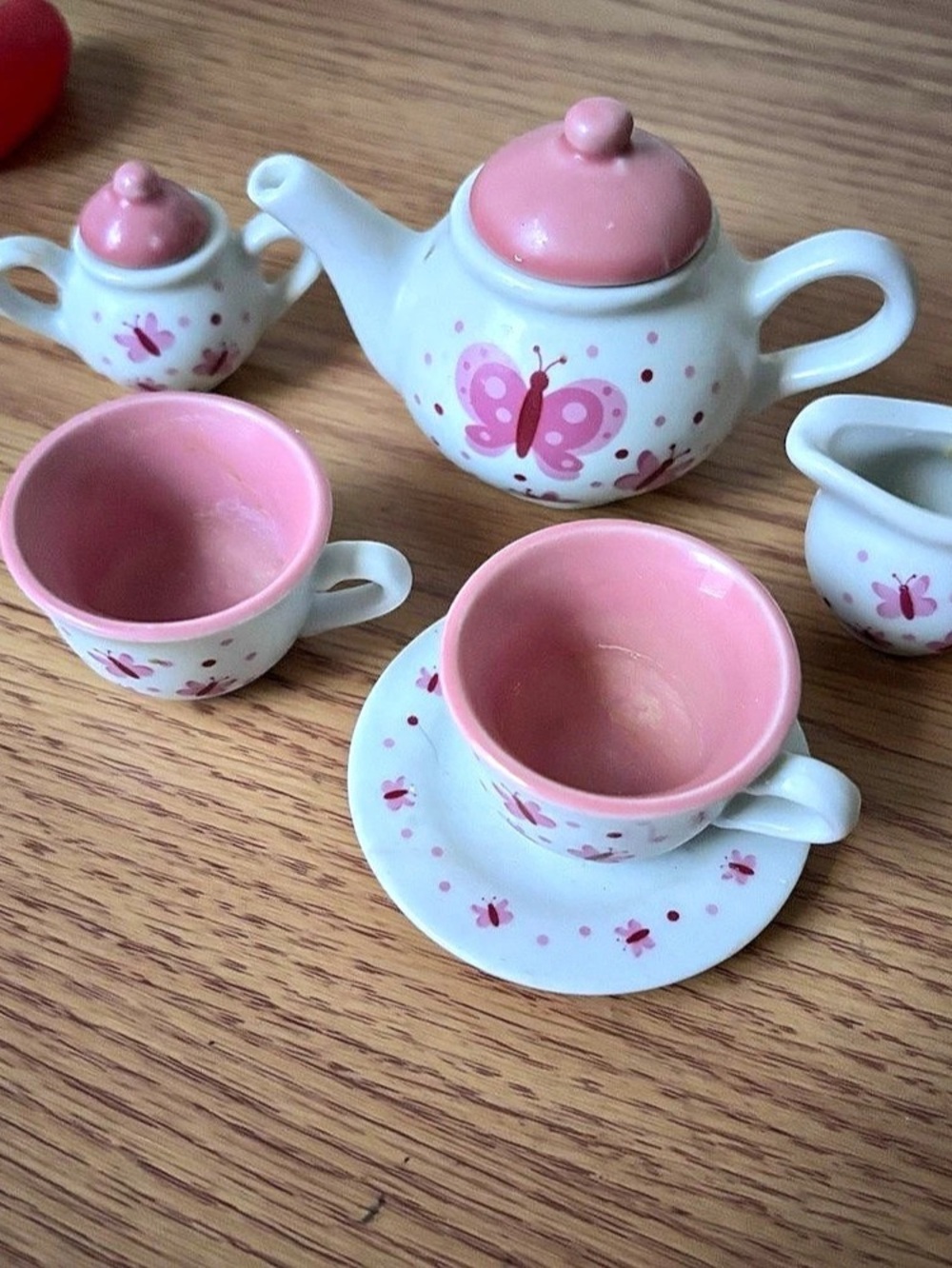 Schylling Butterfly Porcelain Tea Set Pink & White Floral with food!